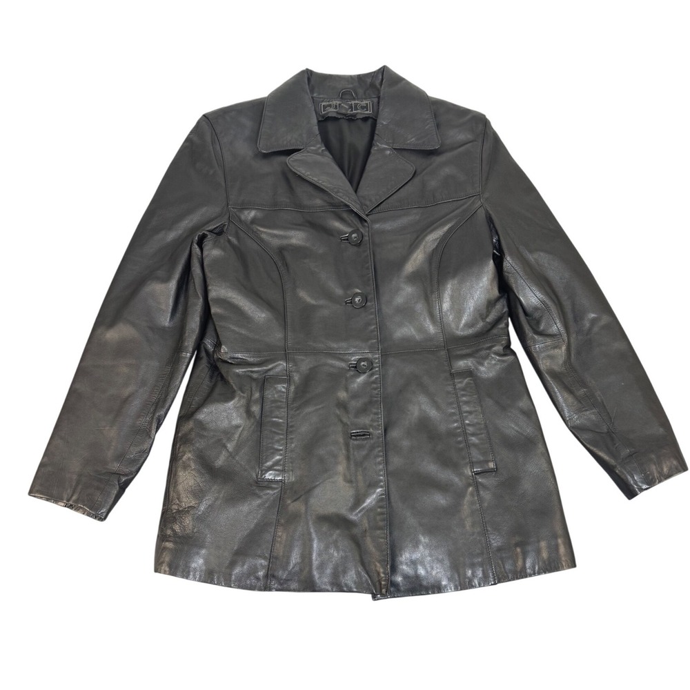 Vintage Y2K JLC  Black Leather Coat Womens Large Mid Length Button Front‎
